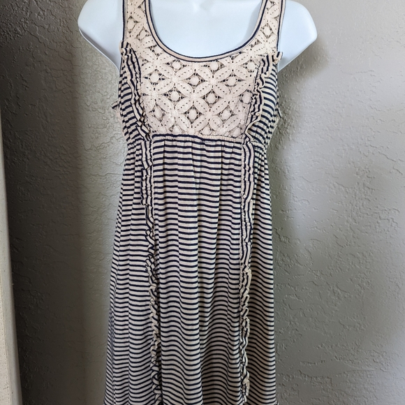 Size Medium Cream And Navy Blue Striped Dress lace and ruffles. Adorable! - Picture 1 of 3